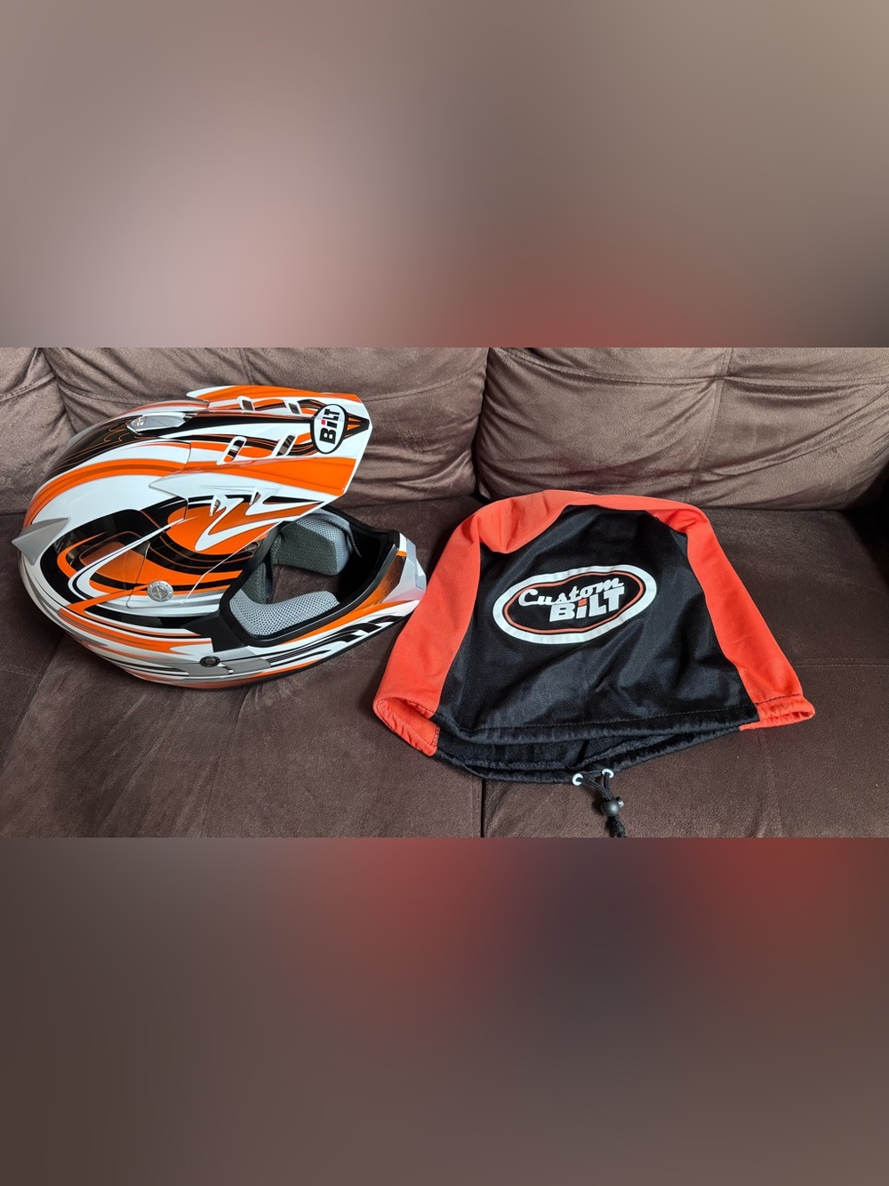 Custom Bilt Orange & White Full-Face Motorcycle Helmet with Matching Helmet Bag
